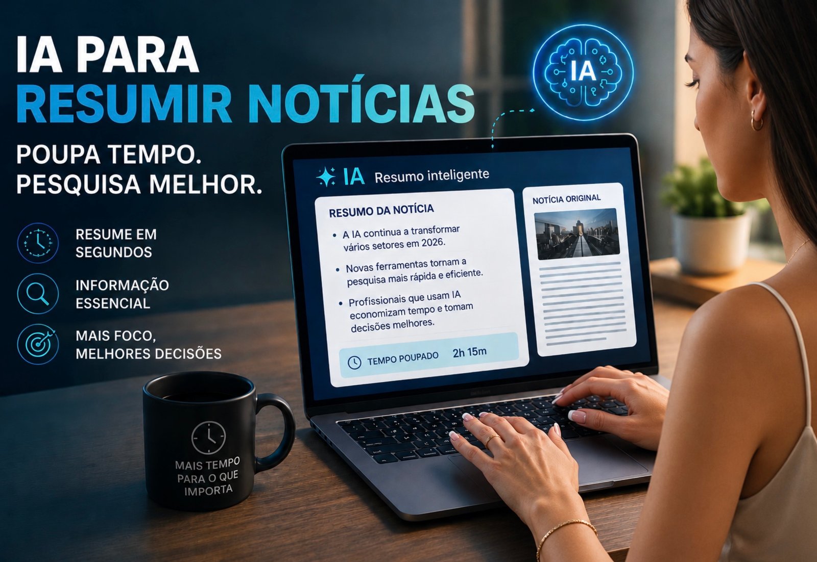 Pessoa a usar IA no portátil para resumir notícias e poupar tempo em pesquisa em 2026
